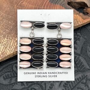 JACQUELINE SILVER Navajo Sterling Silver Pink Mother Of Pearl & Onyx Earrings